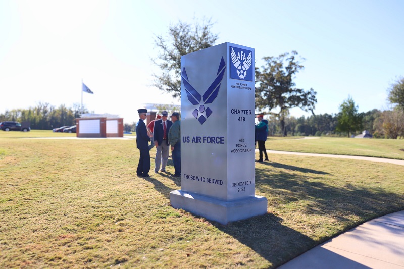North and west-facing Memorial panels depicting the USAF's Arnold Wings, AFA emblem, Chapter 419, Air Force Association, and the dedication date